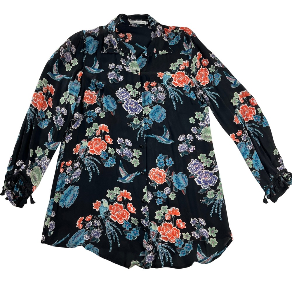 Love Johnny Was Silk Bird Floral Button Front Tunic Blouse Black Large L19417-8